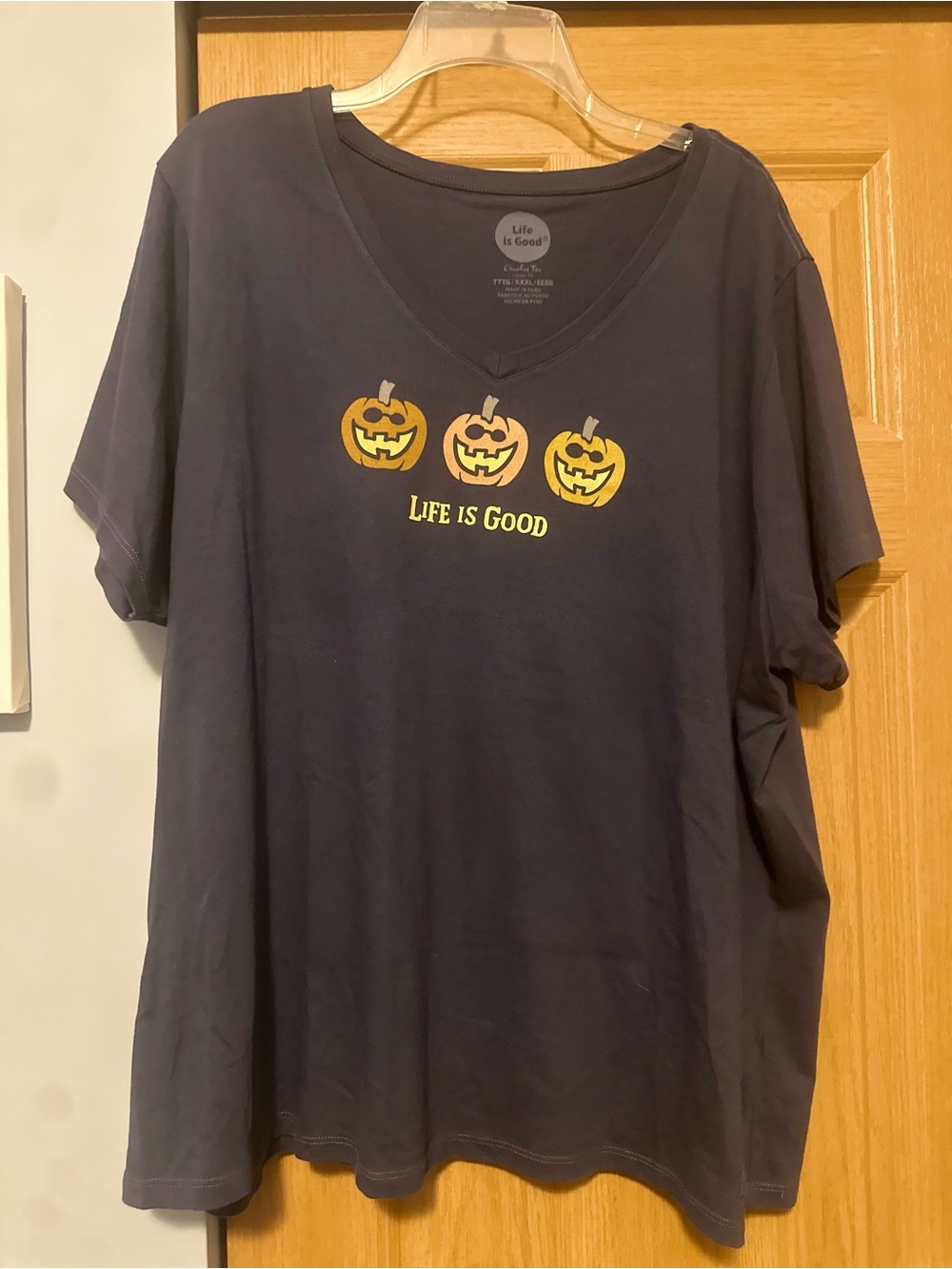 Life Is Good Navy V-Neck Tee with Pumpkin Trio Graphic